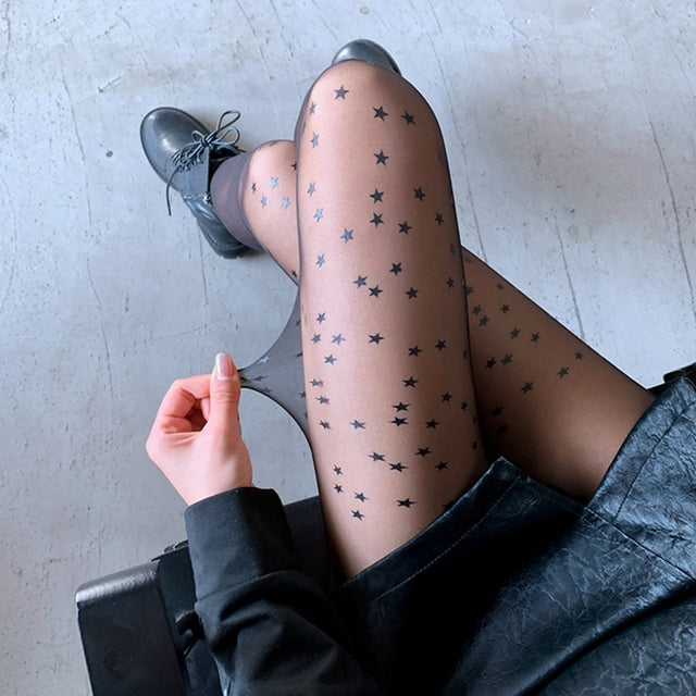 Starry Star Printed Women Tights Black Sexy Pantyhose Transparent Mesh Thin High Elastic Stockings