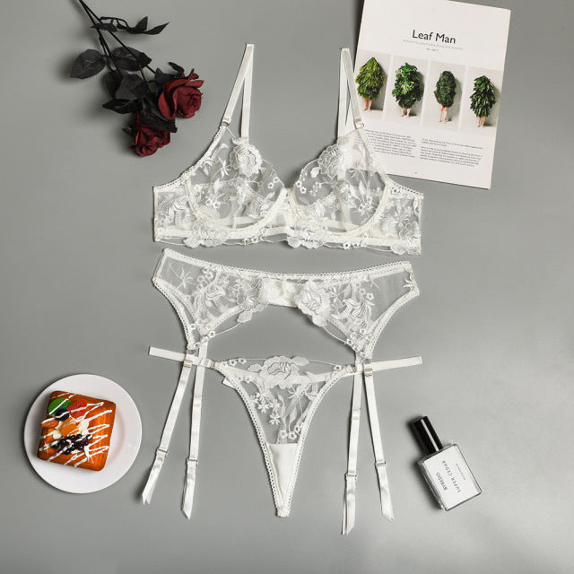 Bra and Panty Set Women Underwear Lace Lingerie 3pcs Open Cup See Through Thong Floral Embroidery Underwear Transparent Bra Set