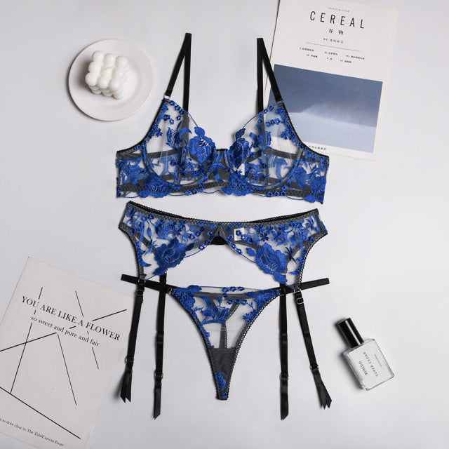 Bra and Panty Set Women Underwear Lace Lingerie 3pcs Open Cup See Through Thong Floral Embroidery Underwear Transparent Bra Set