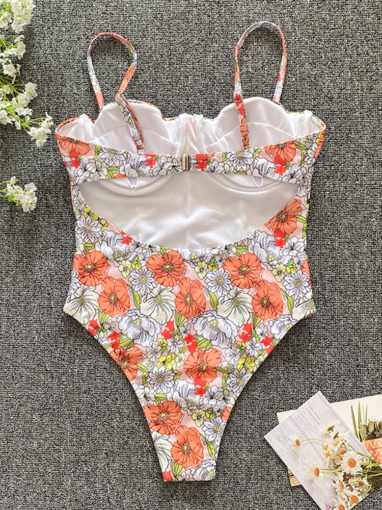 Rinabe Print Monokini Sexy Hollow Out Swimsuit Women Swimwear Strap Push Up Bathing Suit High Cut One-Piece Suits Beach XL