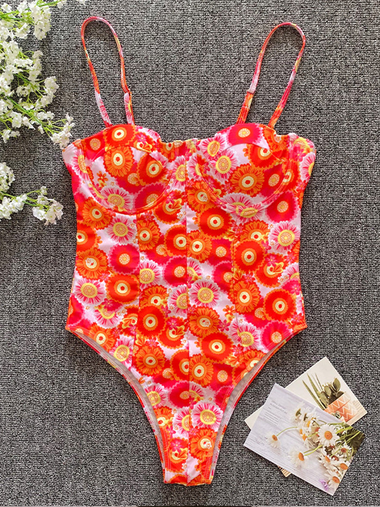 Rinabe Print Monokini Sexy Hollow Out Swimsuit Women Swimwear Strap Push Up Bathing Suit High Cut One-Piece Suits Beach XL
