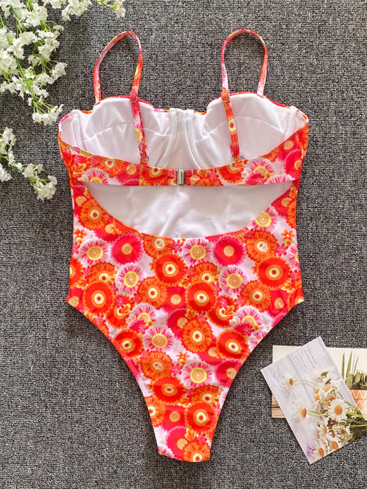 Rinabe Print Monokini Sexy Hollow Out Swimsuit Women Swimwear Strap Push Up Bathing Suit High Cut One-Piece Suits Beach XL