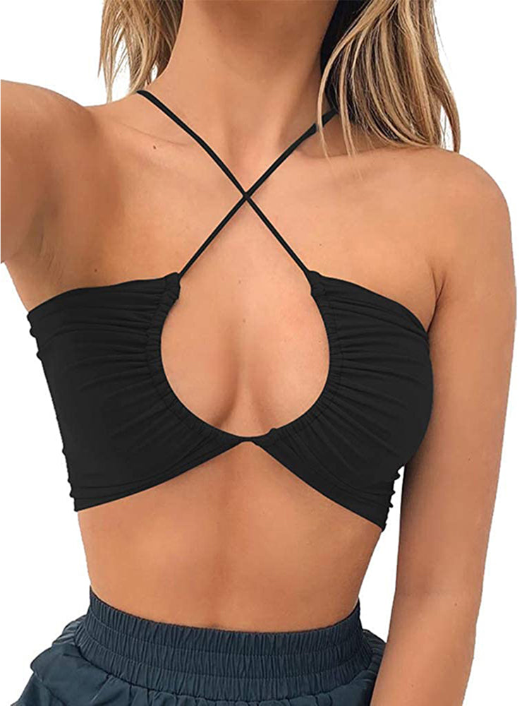 Women Sexy Criss Cross Lace Up Sling Basic Bow Tie Crop Top