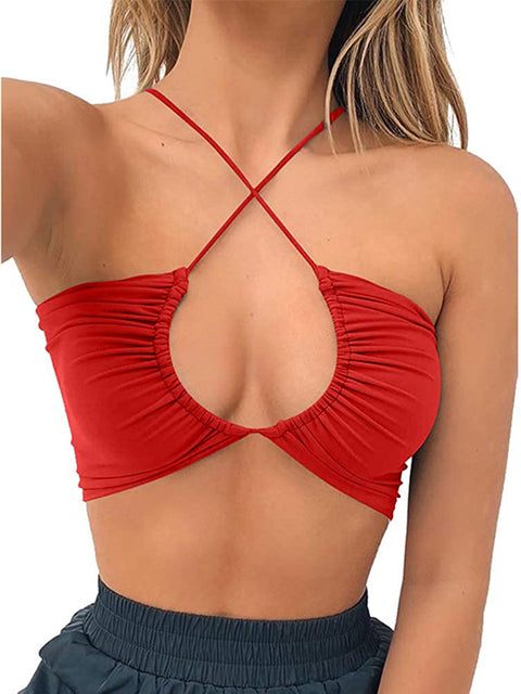 Women Sexy Criss Cross Lace Up Sling Basic Bow Tie Crop Top