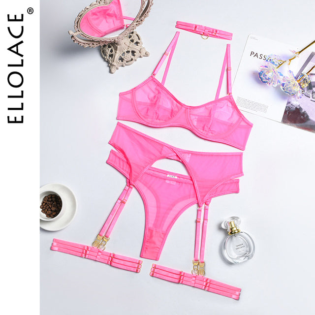 Ellolace Set Woman 4 Pieces Sexy Erotic Lingerie Underwear Bra