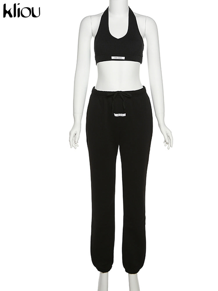 Kliou Sporty Two Piece Set Women Active Halter Vest Crop Tops+Drawstring Sweatpants Matching Outfit Casual Concise Tracksuit