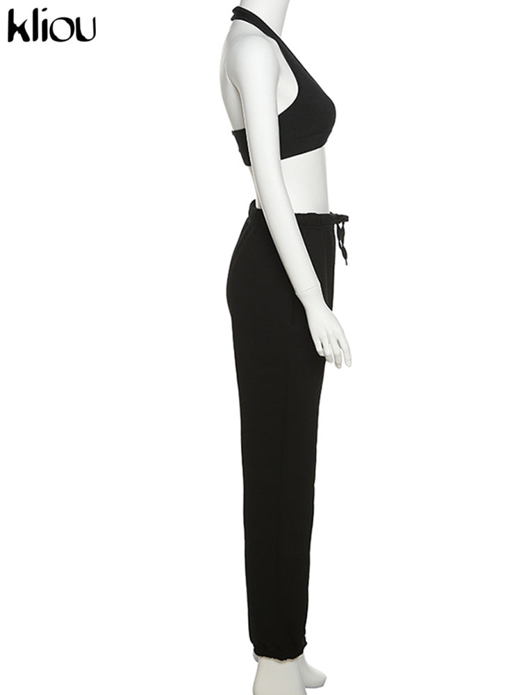 Kliou Sporty Two Piece Set Women Active Halter Vest Crop Tops+Drawstring Sweatpants Matching Outfit Casual Concise Tracksuit
