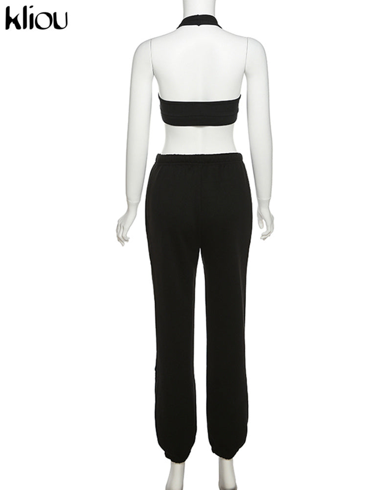 Kliou Sporty Two Piece Set Women Active Halter Vest Crop Tops+Drawstring Sweatpants Matching Outfit Casual Concise Tracksuit