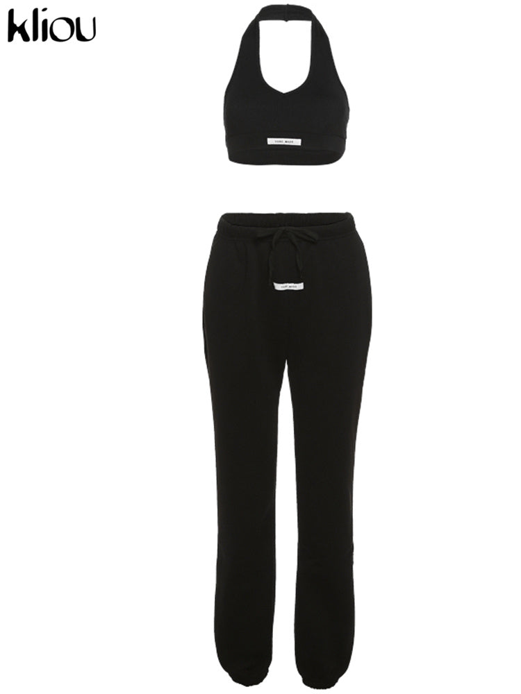 Kliou Sporty Two Piece Set Women Active Halter Vest Crop Tops+Drawstring Sweatpants Matching Outfit Casual Concise Tracksuit