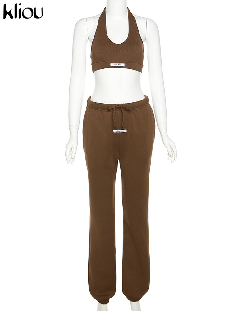 Kliou Sporty Two Piece Set Women Active Halter Vest Crop Tops+Drawstring Sweatpants Matching Outfit Casual Concise Tracksuit