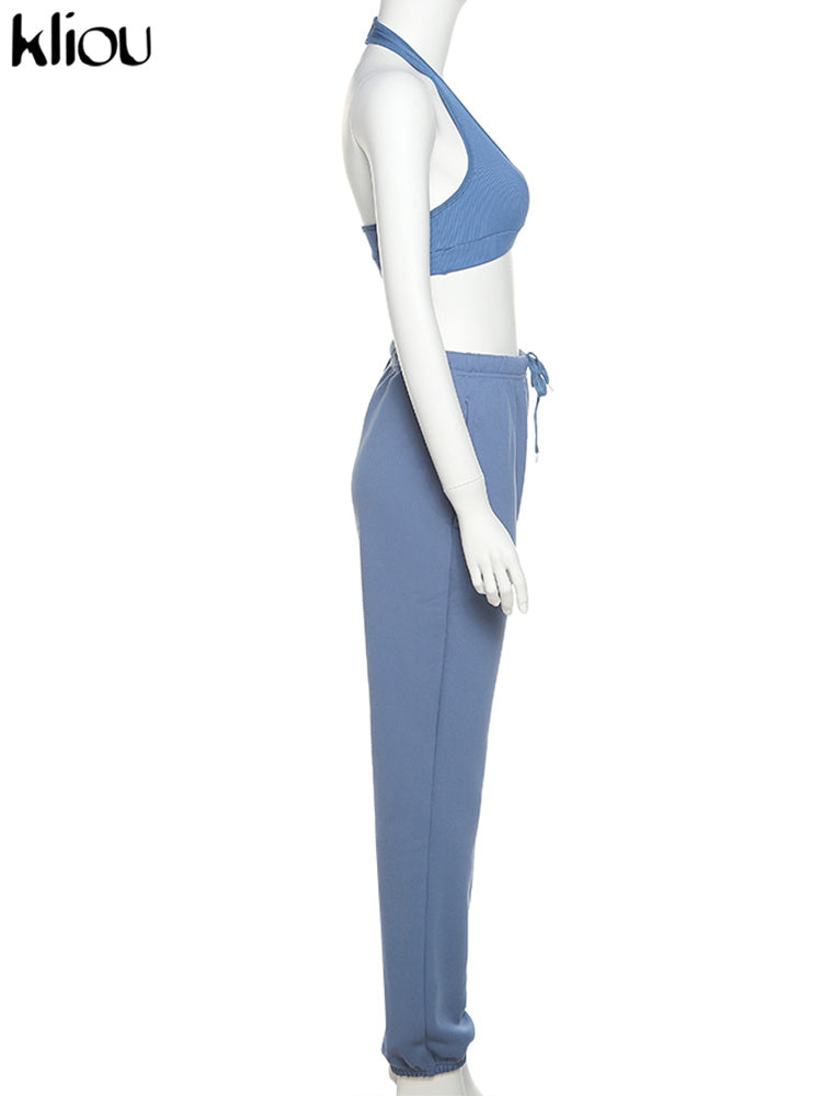 Kliou Sporty Two Piece Set Women Active Halter Vest Crop Tops+Drawstring Sweatpants Matching Outfit Casual Concise Tracksuit