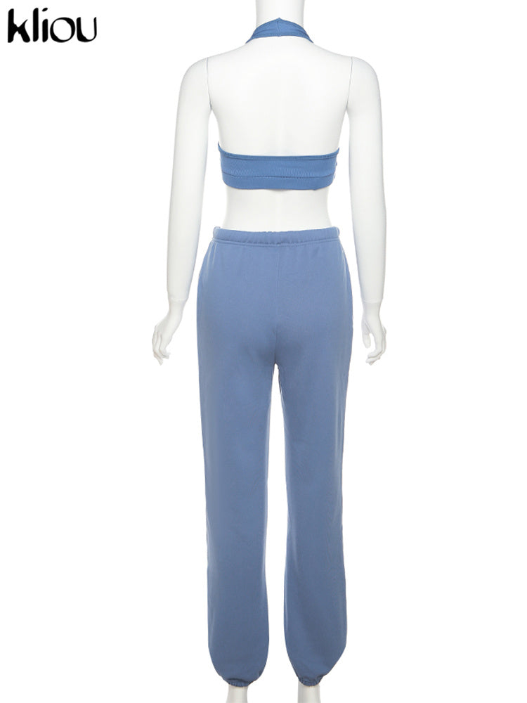 Kliou Sporty Two Piece Set Women Active Halter Vest Crop Tops+Drawstring Sweatpants Matching Outfit Casual Concise Tracksuit