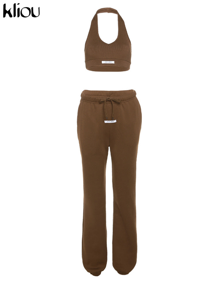 Kliou Sporty Two Piece Set Women Active Halter Vest Crop Tops+Drawstring Sweatpants Matching Outfit Casual Concise Tracksuit