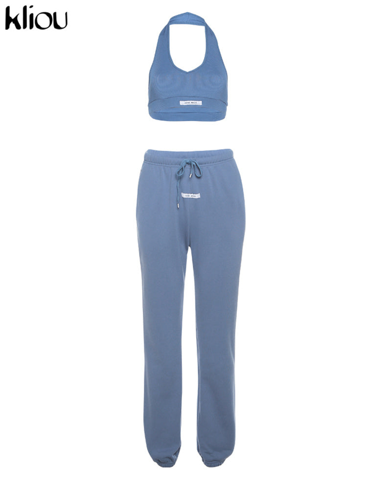 Kliou Sporty Two Piece Set Women Active Halter Vest Crop Tops+Drawstring Sweatpants Matching Outfit Casual Concise Tracksuit