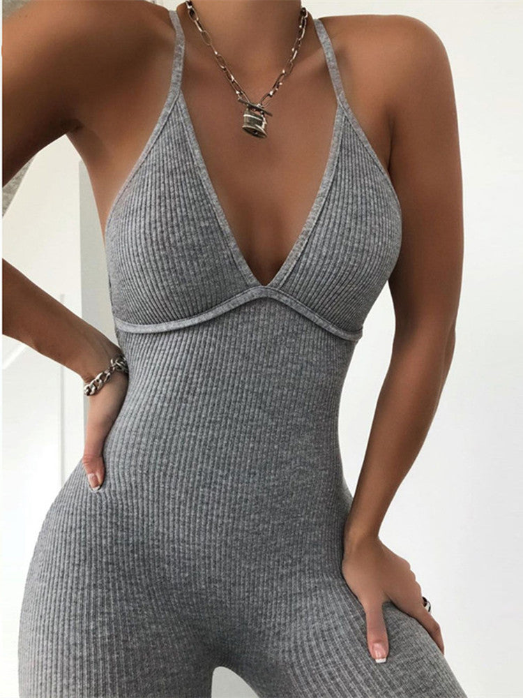 Kliou v-neck skinny sexy jumpsuit women summer hollow out partywear halter sleeveless streetwear outfit fitness backless