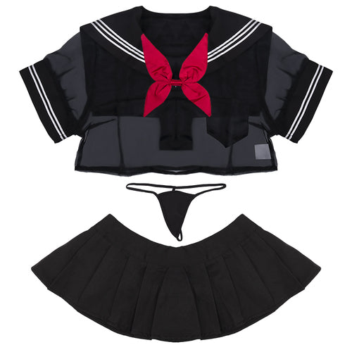 Womens Student Uniform with Front Tie Plaid Mini Skirt Exotic Costumes Cosplay Role Play Sexy Keyhole School Girls Lingerie
