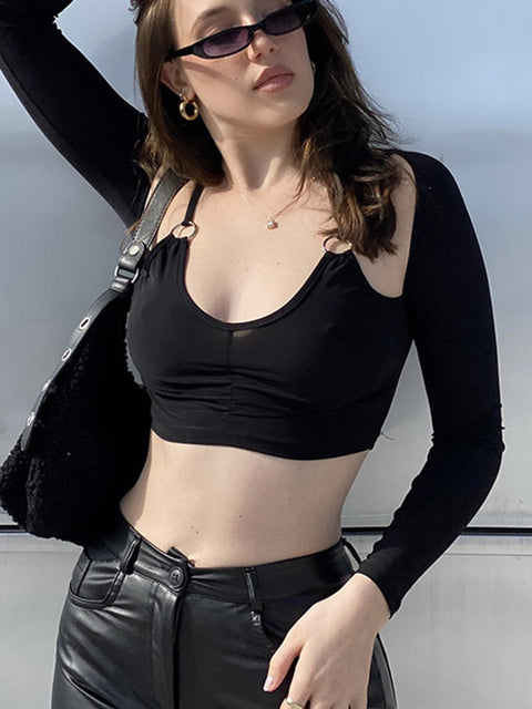 Abdieso Hollow Out Women T Shirts Sexy Halter Crop Top Y2K Black Brown Long Sleeve T Shirts Casual Tops Streetwear