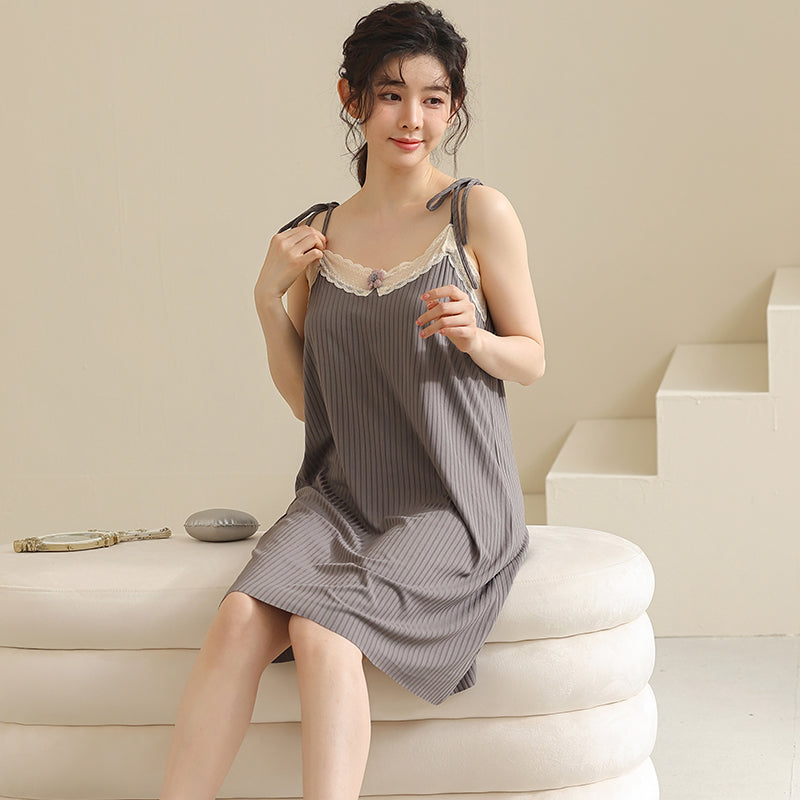 Lace Stitching Nightgown Spaghetti Strap V-Neck Women Sleepwear Shirt Flower Sexy Suspender
