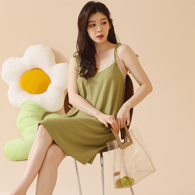 Lace Stitching Nightgown Spaghetti Strap V-Neck Women Sleepwear Shirt Flower Sexy Suspender