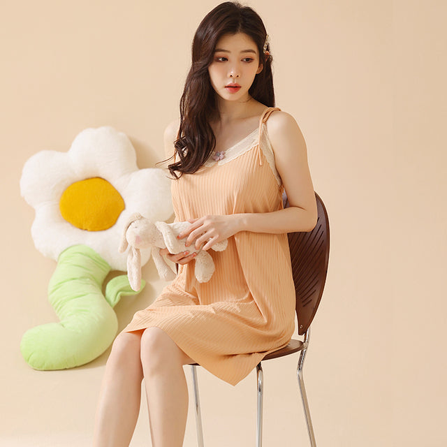 Lace Stitching Nightgown Spaghetti Strap V-Neck Women Sleepwear Shirt Flower Sexy Suspender
