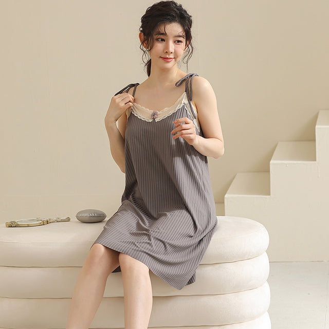 Lace Stitching Nightgown Spaghetti Strap V-Neck Women Sleepwear Shirt Flower Sexy Suspender
