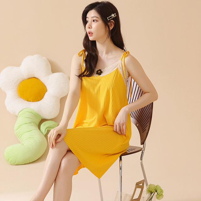 Lace Stitching Nightgown Spaghetti Strap V-Neck Women Sleepwear Shirt Flower Sexy Suspender