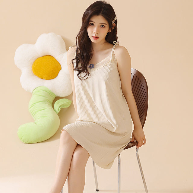 Lace Stitching Nightgown Spaghetti Strap V-Neck Women Sleepwear Shirt Flower Sexy Suspender
