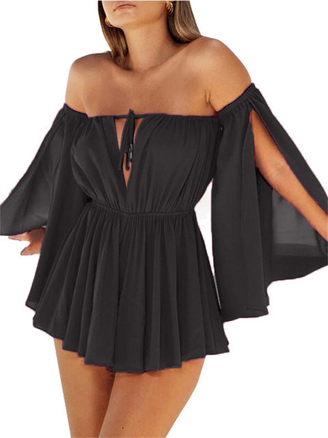 wsevypo Women Off-shoulder Halter Tie-up Dress Sexy Solid Long Slit Sleeve Mini Pleated Beach Dress Party Club Evening Wear