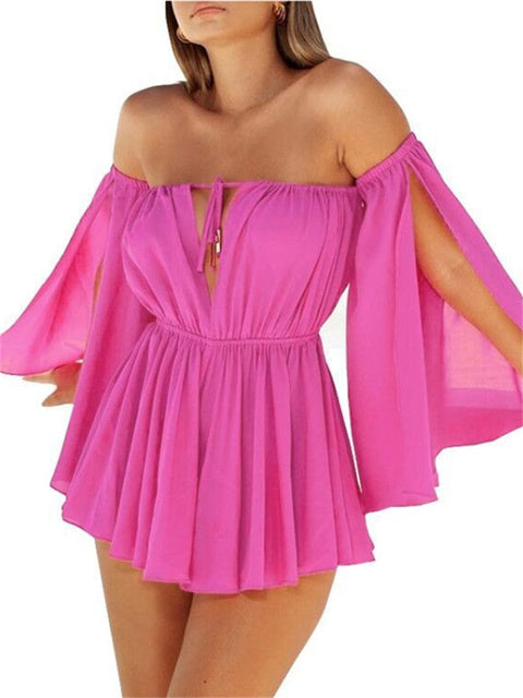 wsevypo Women Off-shoulder Halter Tie-up Dress Sexy Solid Long Slit Sleeve Mini Pleated Beach Dress Party Club Evening Wear