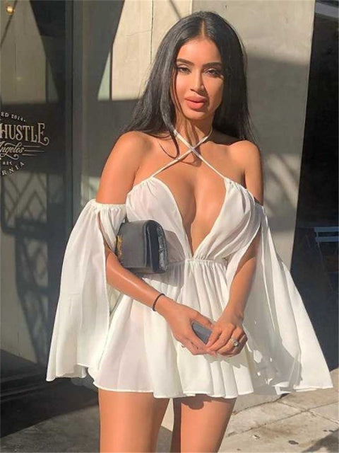 wsevypo Women Off-shoulder Halter Tie-up Dress Sexy Solid Long Slit Sleeve Mini Pleated Beach Dress Party Club Evening Wear