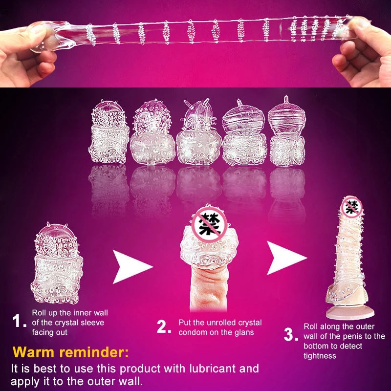 5Pcs Reusable Condoms Male Penis Extension Sleeves Sperm Lock Cock Ring Dildo Cover Adult Sex Toys For Men Delay Ejaculation