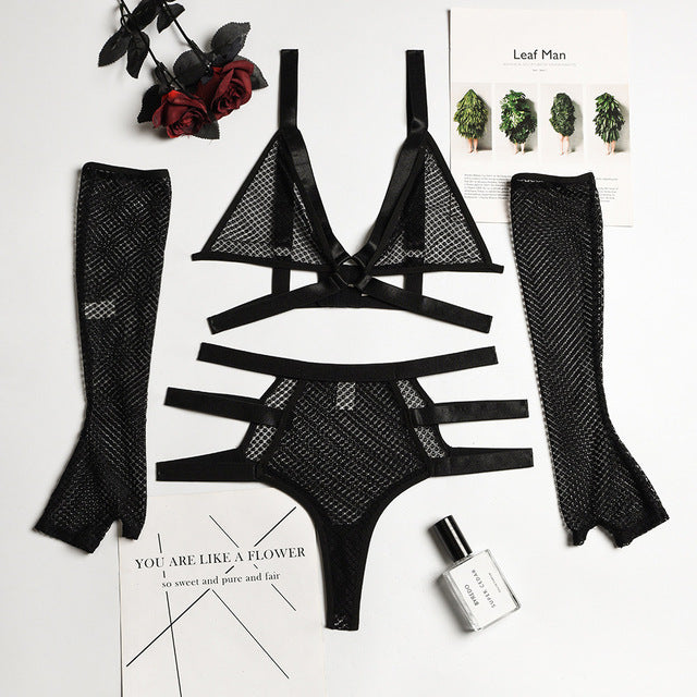 Ellolace Sensual Lingerie Transparent Lace Erotic Brief Sets Wireless Bra 3-Piece Sexy Underwear Seamless Mesh