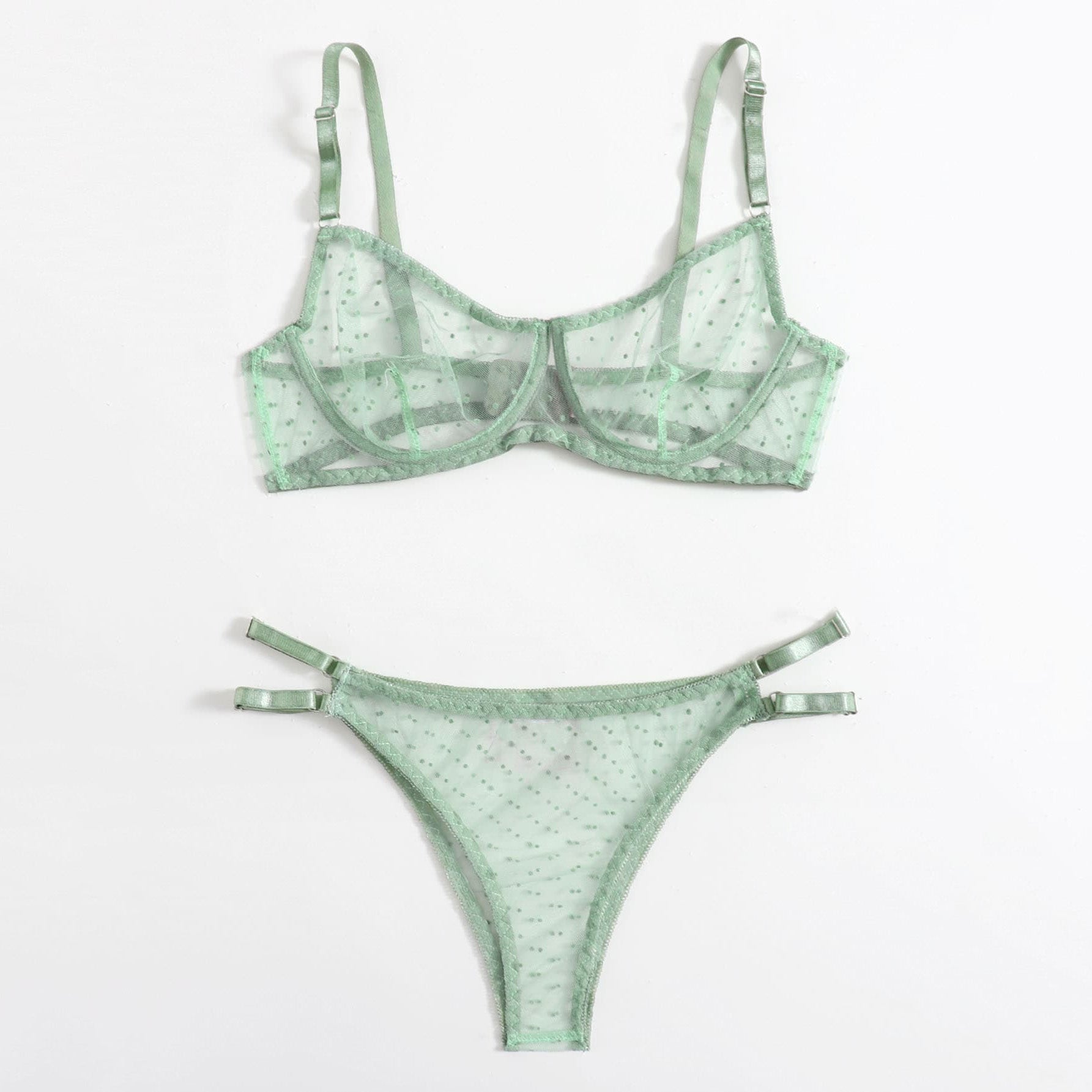 Dot Mesh Lace Lingerie Set Underwire See Through Brassiere Sexy Underwear Bra and Panty Transparent