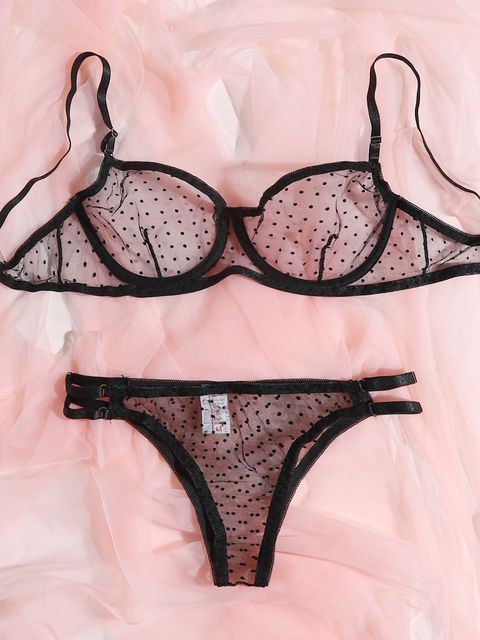 Dot Mesh Lace Lingerie Set Underwire See Through Brassiere Sexy Underwear Bra and Panty Transparent