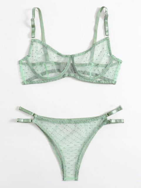 Dot Mesh Lace Lingerie Set Underwire See Through Brassiere Sexy Underwear Bra and Panty Transparent