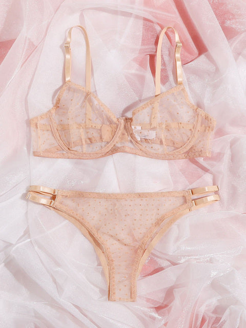 Dot Mesh Lace Lingerie Set Underwire See Through Brassiere Sexy Underwear Bra and Panty Transparent