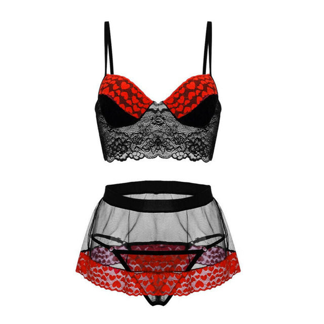 Lingerie Erotic Costume Sets Sling V Neck Lace See Through Women Sleeveless Lace Mesh Peach Heart Print