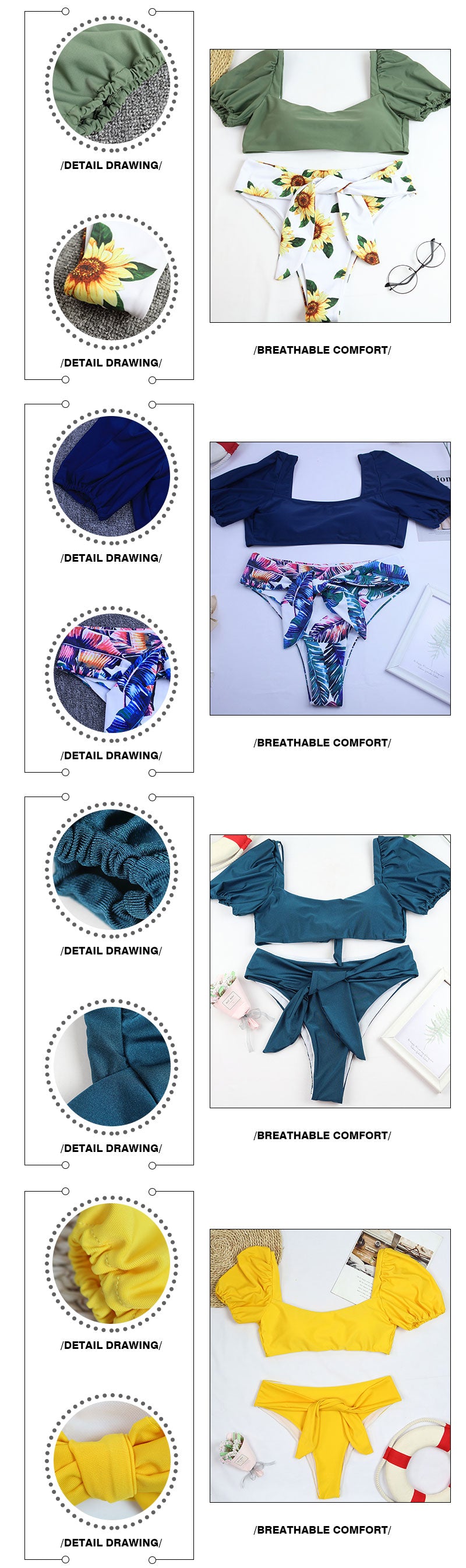 Sexy Bikini New 2 Piece Women Swimsuit Solid Color Short Puff Sleeve Summer High Waist Cut Backless Bathing Suit Beachwear