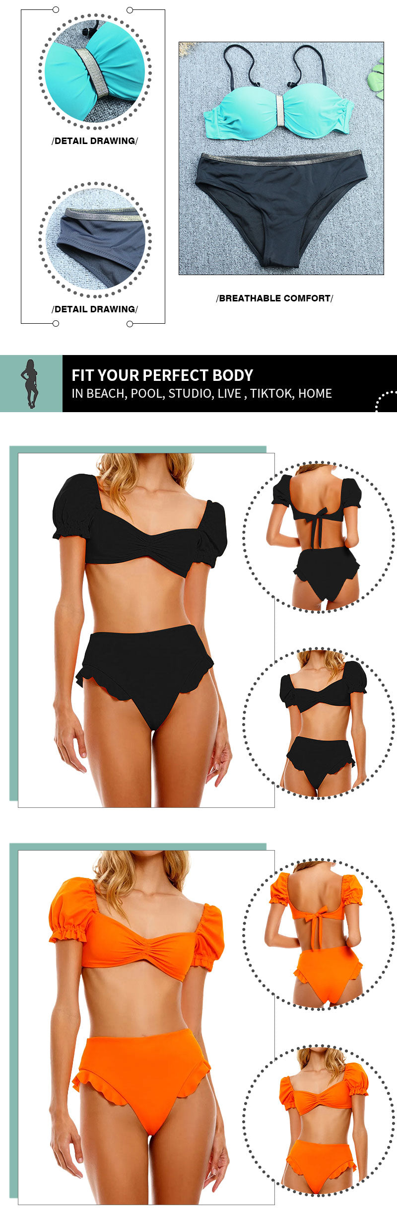 Sexy Bikini New 2 Piece Women Swimsuit Solid Color Short Puff Sleeve Summer High Waist Cut Backless Bathing Suit Beachwear