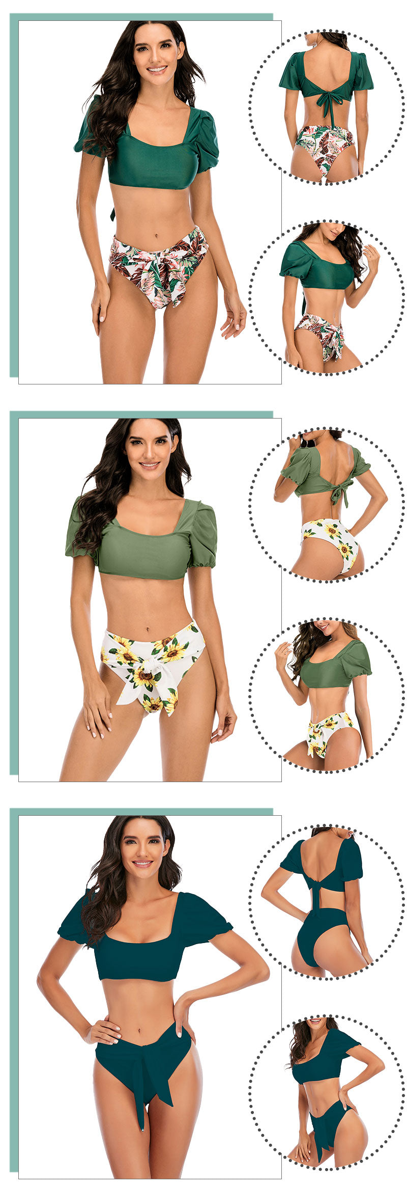 Sexy Bikini New 2 Piece Women Swimsuit Solid Color Short Puff Sleeve Summer High Waist Cut Backless Bathing Suit Beachwear