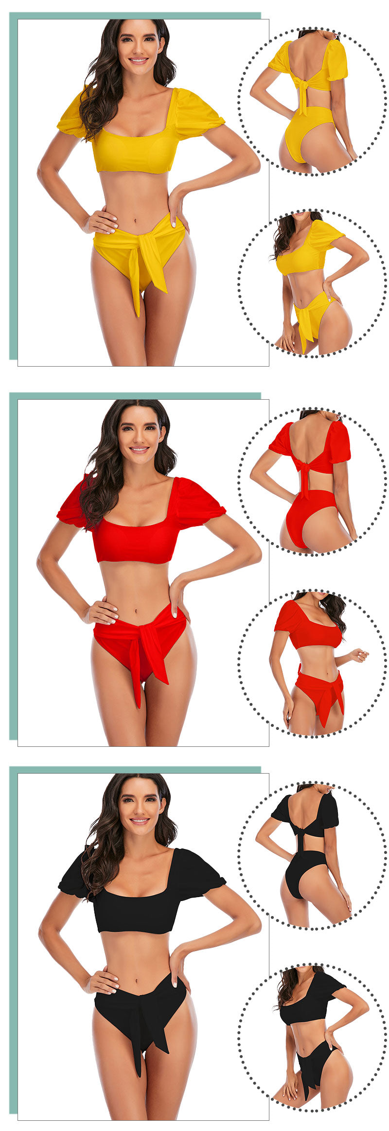 Sexy Bikini New 2 Piece Women Swimsuit Solid Color Short Puff Sleeve Summer High Waist Cut Backless Bathing Suit Beachwear