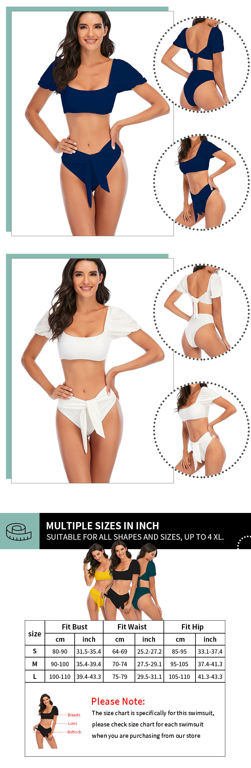 Sexy Bikini New 2 Piece Women Swimsuit Solid Color Short Puff Sleeve Summer High Waist Cut Backless Bathing Suit Beachwear