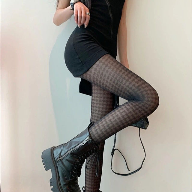 Kawaii Stockings Harajuku Chidori Plaid Mesh Tights Gothic Black Seamless Breathable Bottoming Pantyhose Sexy Stockings