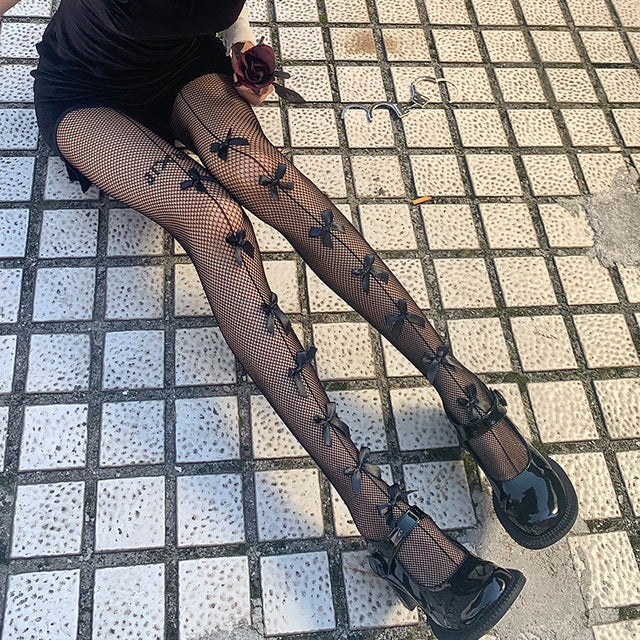 Japanese Style Kawaii Cute Tights Lolita Girl Bowknot Mesh Fishnet Pantyhose Thigh High Stockings Lingerie Sexy Nightclub Tights