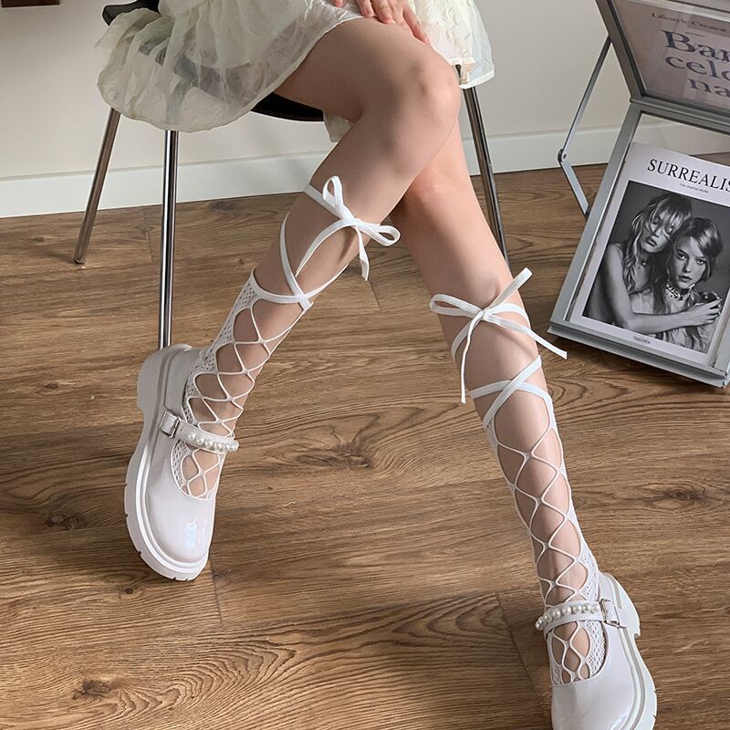 Stockings Bandage Cross Ribbon Knee Socks Anti-Snagging Party Fish Net 2 Wearing Ways Stocking Fishnet Pantyhose