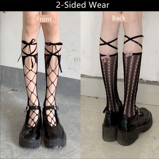 Stockings Bandage Cross Ribbon Knee Socks Anti-Snagging Party Fish Net 2 Wearing Ways Stocking Fishnet Pantyhose