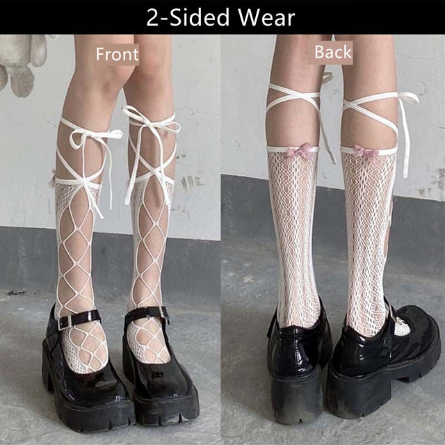 Stockings Bandage Cross Ribbon Knee Socks Anti-Snagging Party Fish Net 2 Wearing Ways Stocking Fishnet Pantyhose