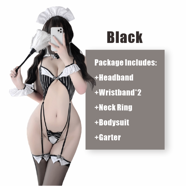 OJBK Sexy Lingerie Women Maid Outfit Open Bust One Piece Stripe Bodysuit Female Lovely Maid Cosplay Costumes Cute Black