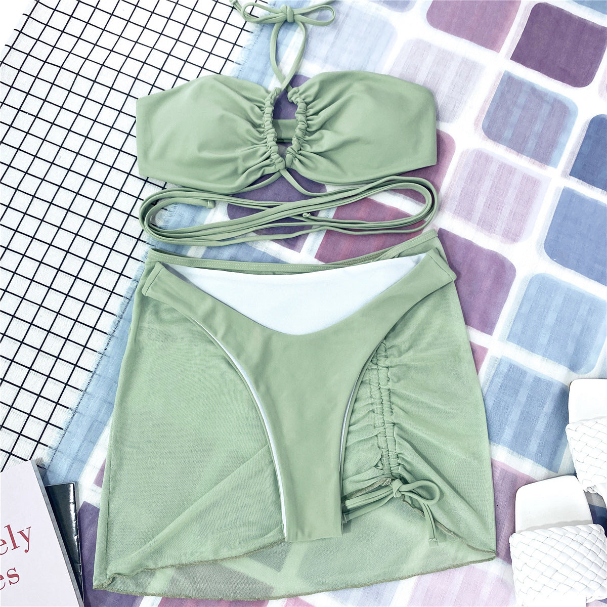 3 Pieces Mesh Skirt Swimsuit Women Halter Micro Bikini High Waist Swimwear Sexy Solid Beachwear Bathing Suit Biquini