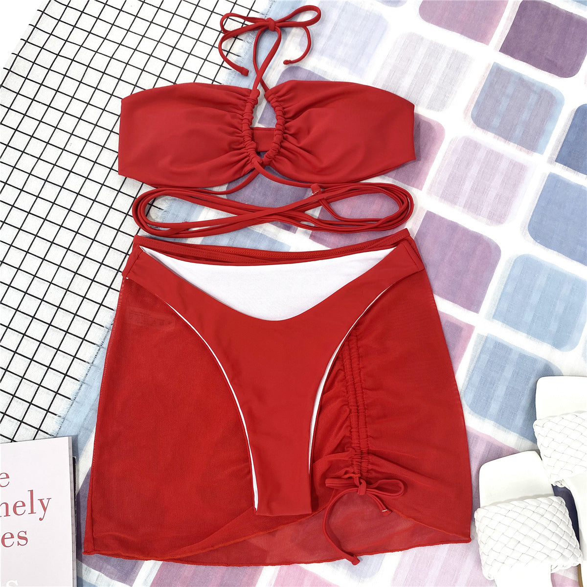 3 Pieces Mesh Skirt Swimsuit Women Halter Micro Bikini High Waist Swimwear Sexy Solid Beachwear Bathing Suit Biquini